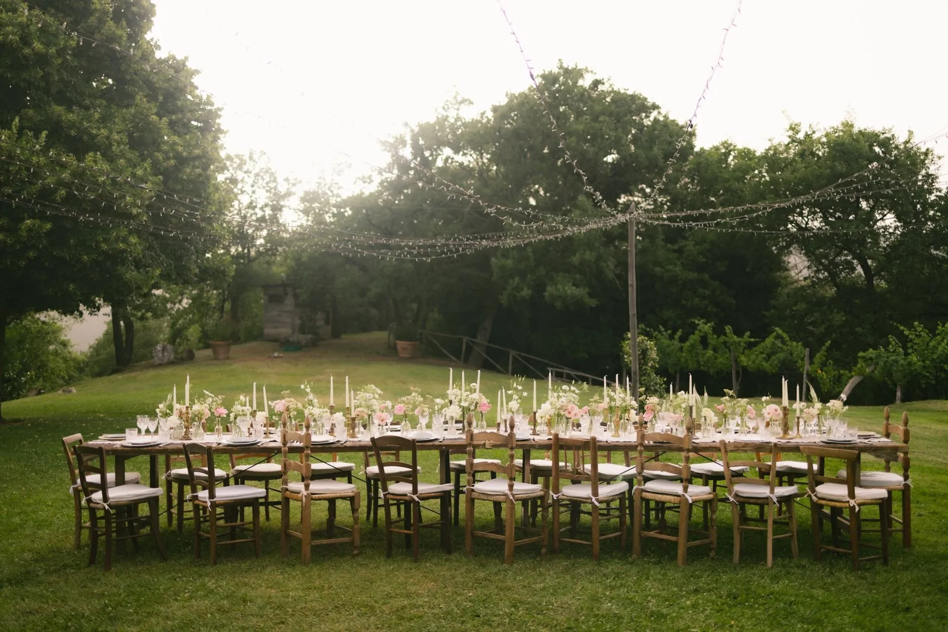 A long dinner table set on a lawn under festoon lights strung between trees