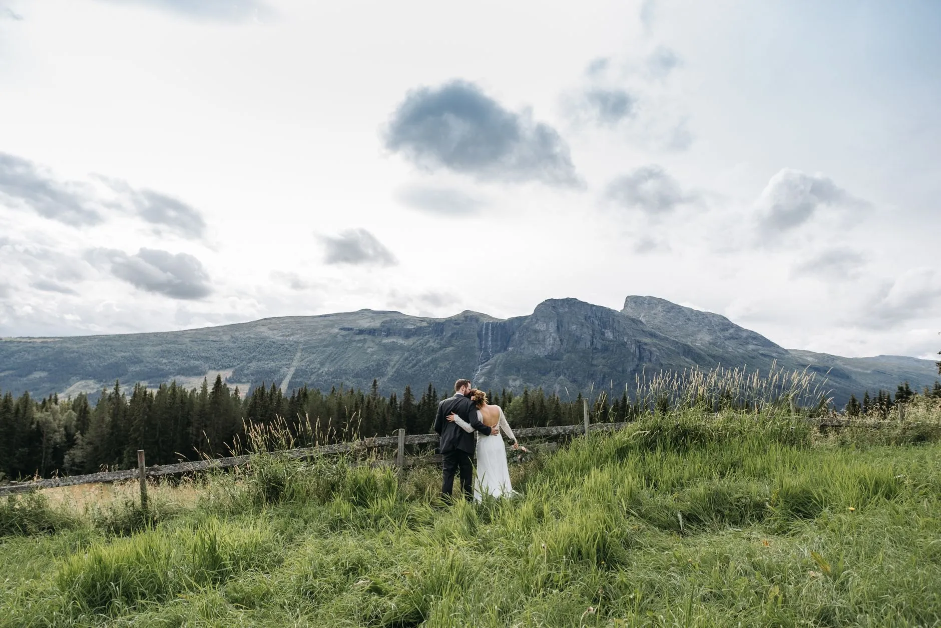The couple far off in a long-grass meadow