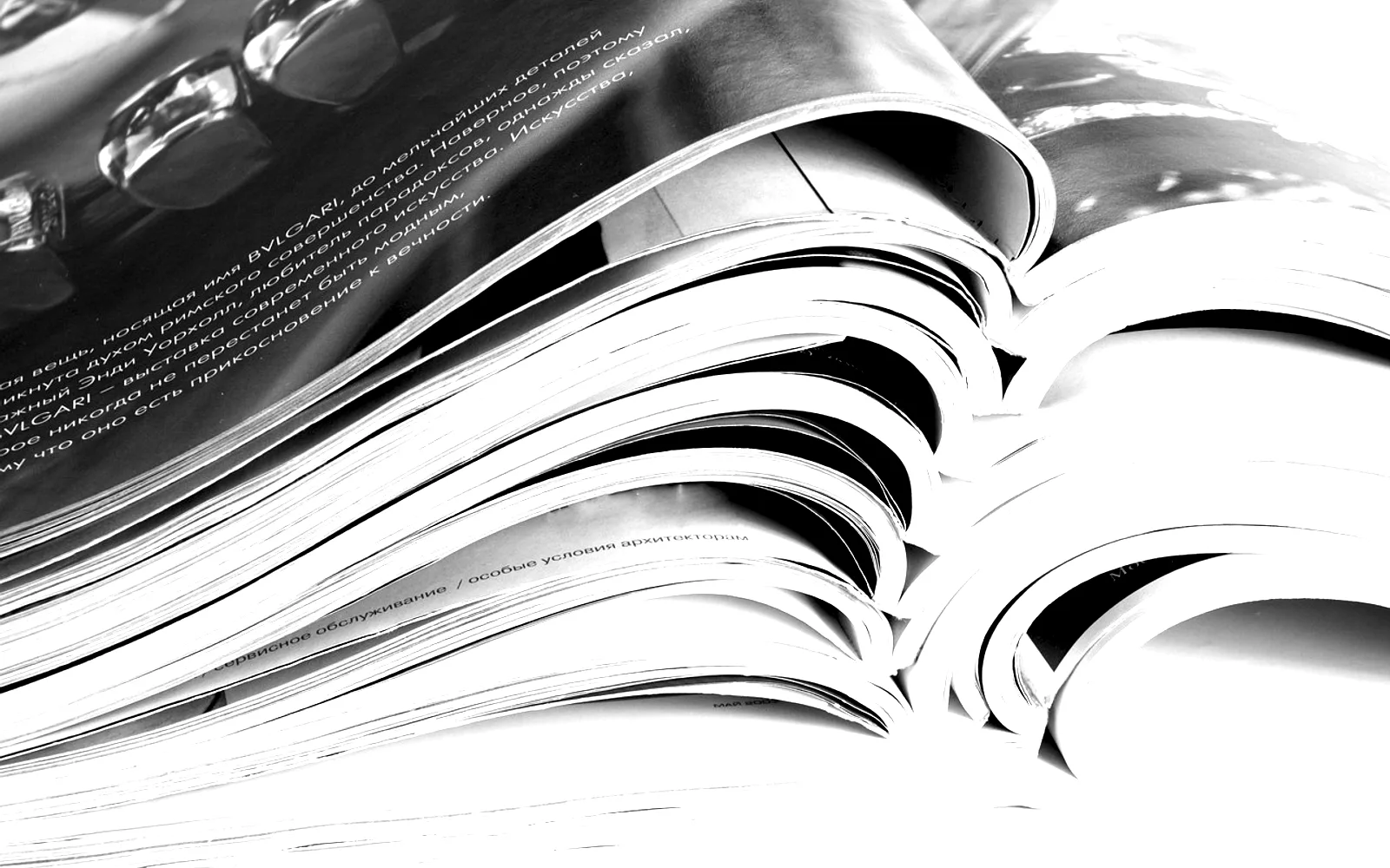 A stack of opened books fanned so the page edges make a curve.